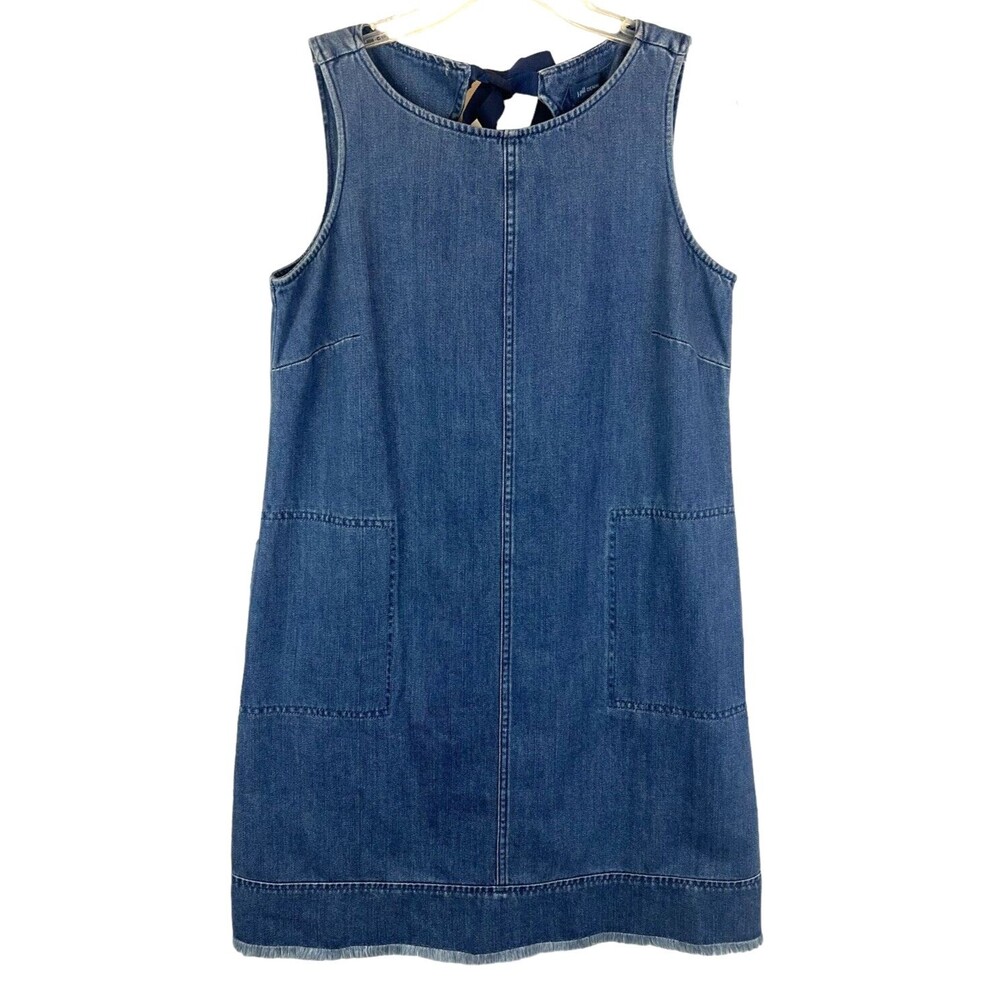 J. Jill Denim Dress  Women's Size PS  Sleeveless Shift w Ribbon Tie & Raw Hem
